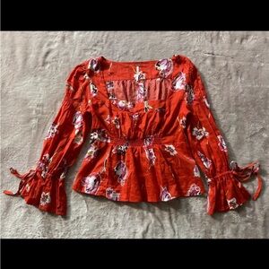 Free People Women’s Orange‎ Floral Top Peasant Style Boho Hippie Size Xs